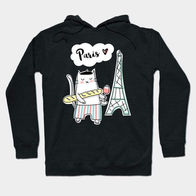 Paris Love - French Cat and Eiffel Tower Hoodie by HappyCatPrints